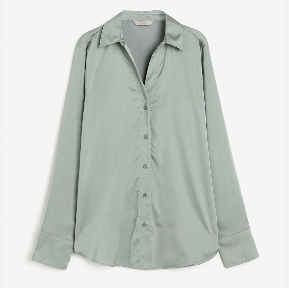 EUC H&M Sage Green Satin Button Front Classic Loose Fit Small Blouse - Picture 5 of 8